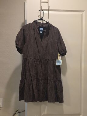 CeCe Brown Checked Tiered Dress with Ruffle Neck